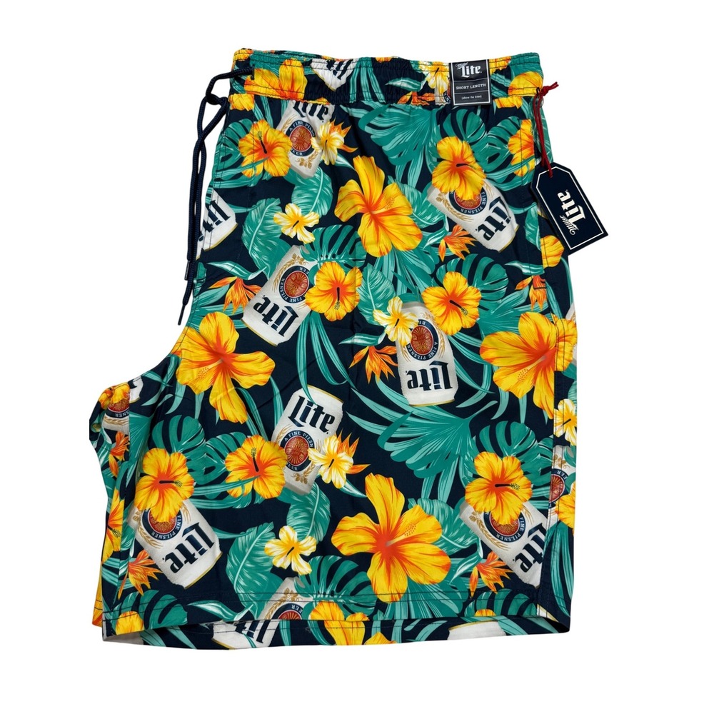 Miller Lite Mens Tropical Hibiscus‎ Beer Can Swim Trunks Short Length NWT